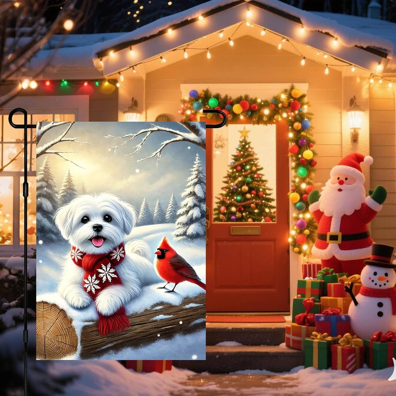 BlissYard Christmas Garden Flag 12x18 Inch Double Sided Maltese Dog in Red Scarf Garden Flag Winter Holiday Yard Banner Outdoor Decoration Farmhouse Christmas Flag for Porch Lawn Welcome Seasonal Outdoor Decor - Image 2